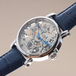 Rougois Mechanique Skeleton 44mm Mens Watch Manual Wind Stainless Steel on Strap